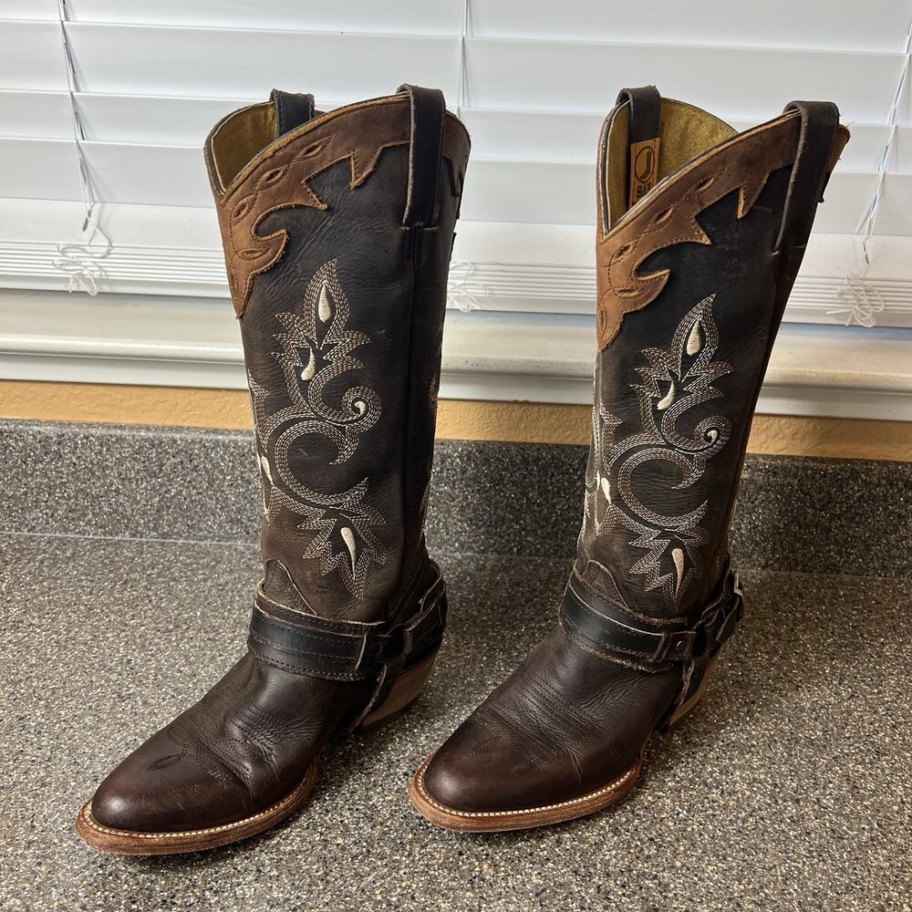 San Pedro Botas Cowboy Boots Harness Embroidered Brown Leather Women MEX 23 US 6